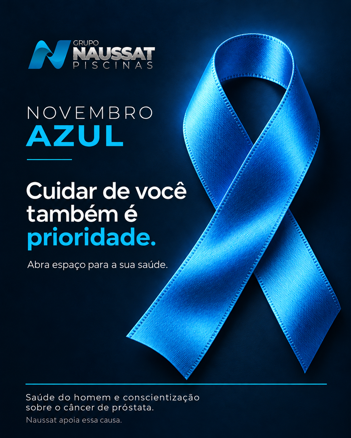 Conceito 1, Novembro Azul: Post de feed, laço azul sobre fundo marinho.