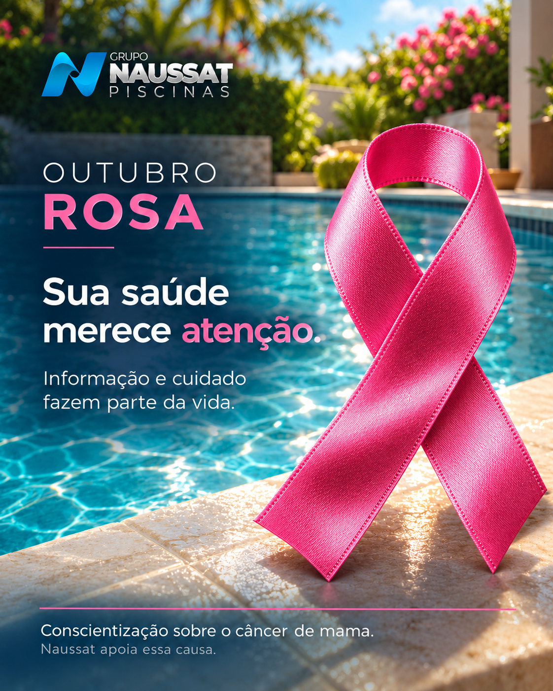 Conceito 1: laço rosa sobre uma piscina iluminada, com jardim e pedra clara.
