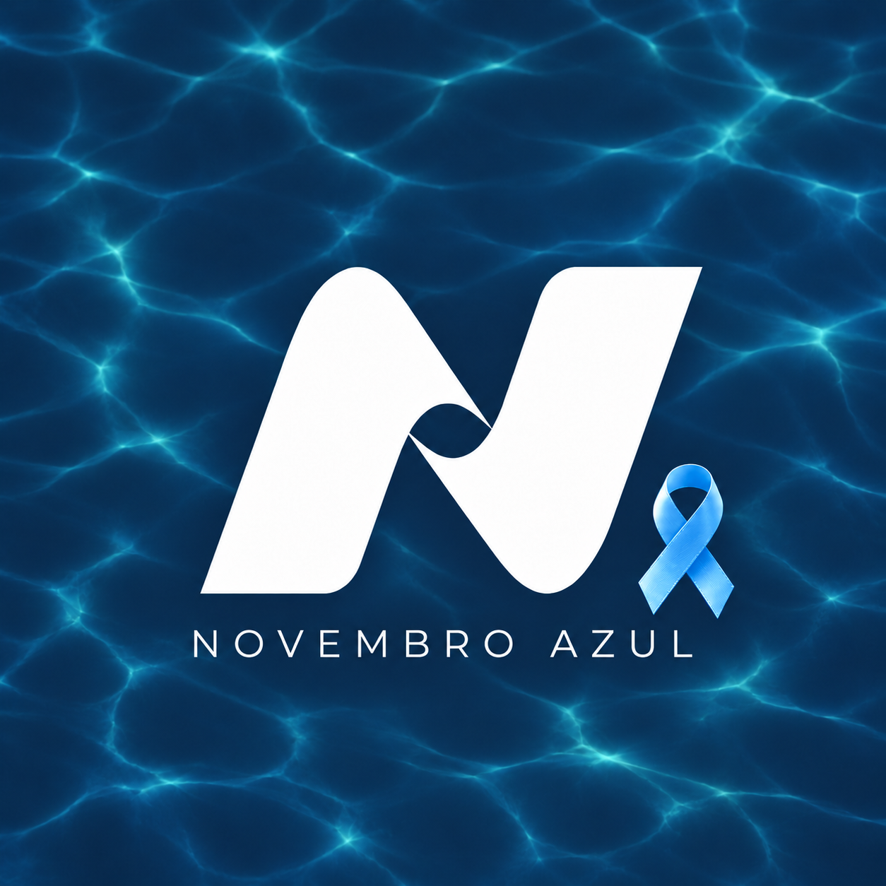 Avatar Novembro Azul: símbolo N branco e pequeno laço azul sobre fundo azul-marinho com reflexos de água.