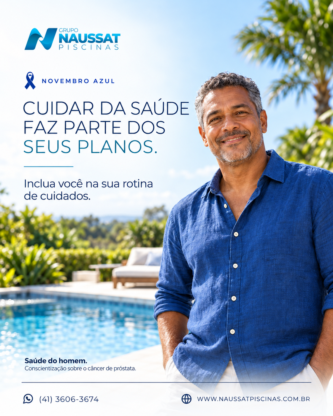 Conceito 2: homem junto à piscina e mensagem direta sobre o cuidado com a saúde.