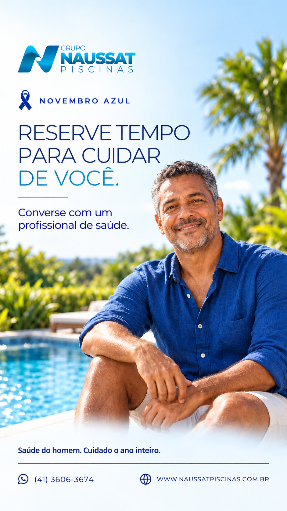 Story Novembro Azul — Reserve tempo para cuidar de você. Retrato masculino e convite para conversar com um profissional de saúde.